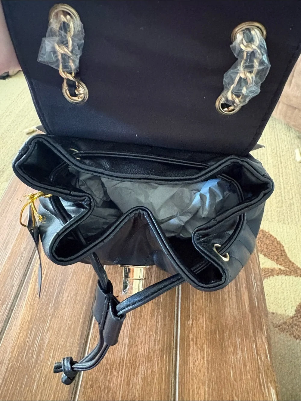 bebe Black Quilted Mini Backpack with Gold Chain Handle